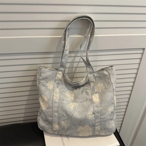 Large capacity canvas tote bag with light blue floral pattern for daily casual wear