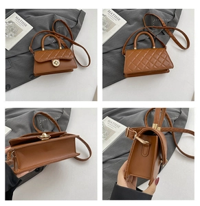 Detalle de bolso acolchado marrón con cierre dorado y acabados metálicos elegantes