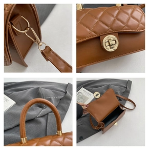 Détails d'un sac à main matelassé marron avec fermoir doré et finitions soignées