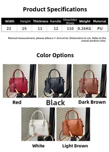 Detailed spec chart showing croc-embossed PU handbag dimensions 22x19x11cm and five colors
