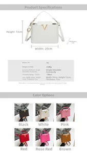 Detailed dimension guide and specifications for the V-shaped metal logo crossbody bag