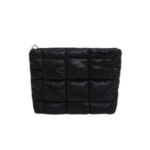 Minimalist black quilted down handbag with a metallic zipper and glossy finish
