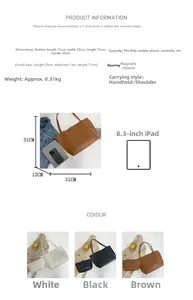 Detailed size chart for large tote bag and inner pouch with dimensions and capacity info
