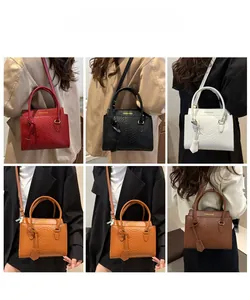 Collage of crocodile pattern handbags in five colors showing size and fit on a model