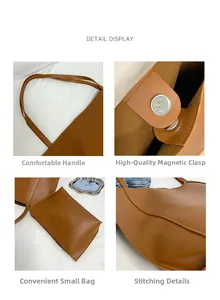 Detail of brown tote bag showing magnetic closure, stitching and inner zipper pouch