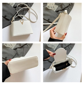 Detailed four-way view showing the white lychee grain leather bucket bag with gold V hardware
