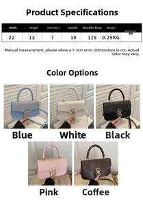 Size chart and color display for retro crossbody bag featuring 22cm width and PU material