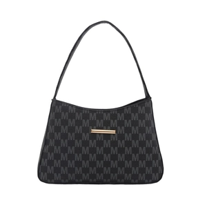Minimalist black underarm shoulder bag with all-over M pattern and gold hardware