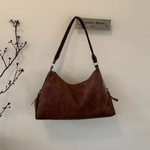 Vintage brown frosted suede shoulder bag with contrast stitching for women 2025