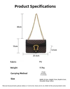 Detailed dimension chart showing size 23.5x15x6.5cm for this vintage brown PU leather bag