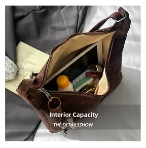 Detailed interior of leopard print tote bag showing large capacity for tablet and makeup