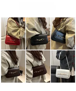Collage of leather shoulder bags in various colors featuring metal horsebit buckle detail