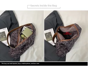 Detail view of the spacious leopard print tote bag interior and organizational capacity