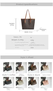 Detailed size chart for large PU tote bag with vintage monogram and dimensions info