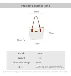 Detailed size chart for the quilted tote bag with specific dimensions and weight details