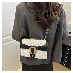 Close-up of a plaid letter shoulder bag featuring a gold chain and vintage metal buckle