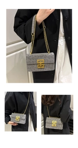 Detail shots of gray leopard print chain bag with gold metal buckle from three angles
