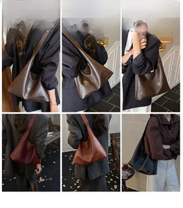 Collage of model wearing vintage large capacity tote bag in various fall colors