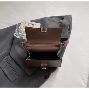 Close-up of deep brown leather baguette bag with gold buckle and interior structure