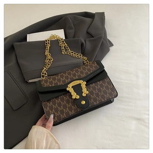 Detail of vintage logo-printed shoulder bag with gold chain strap and embossed lock