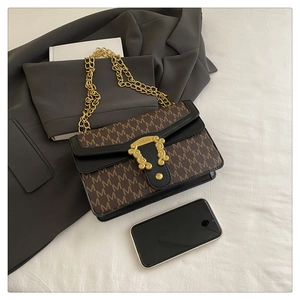 Detailed macro view of the retro gold embossed buckle and chain on the shoulder bag
