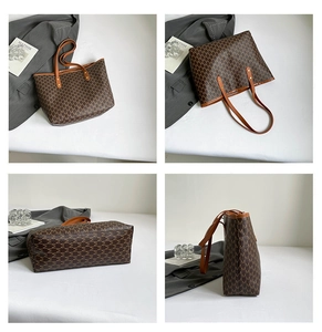 Detailed four-way views of a vintage brown tote bag with M-letter monogram pattern
