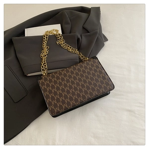 Close-up of brown monogram pattern with golden chain strap on retro shoulder bag