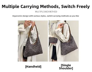 Detailed view of leopard print tote bag showing handheld and shoulder carrying options