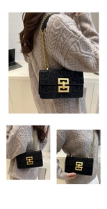 Three-grid view of leopard print shoulder bag with gold clasp on grey knit sweater