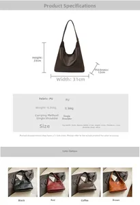 Detailed size chart and multi-color selection for this large PU leather tote shoulder bag