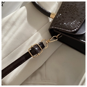 Detail of dark brown snake embossed leather texture and gold metal buckle on a shoulder bag