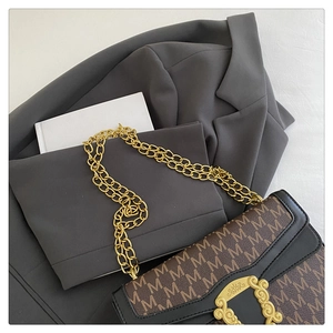 Close-up of vintage brown monogram bag with gold chain and retro metal buckle detail