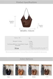Detailed view of the large capacity PU suede bucket bag with size measurements and color options