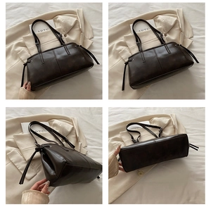 Detailed views of a dark brown faux leather tote bag with side drawstrings and adjustable straps