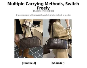 Detail of dark brown leather tote bag with side drawstring showing shoulder carry style