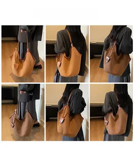 Six-panel grid view of large suede tote bag in camel color showing various carrying styles