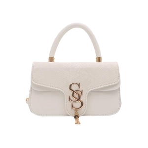 White minimalist square handbag with snake pattern flap and golden S logo tassel detail