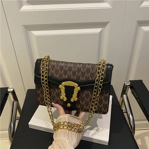 Retro brown monogram shoulder bag with gold clasp and chain strap for women