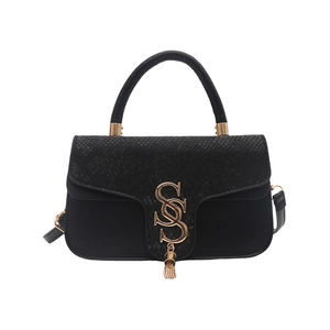 Vintage black crossbody bag with snake-embossed texture and gold metal logo charm