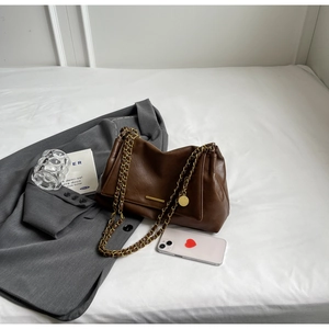 Detailed view of deep brown leather bag with golden chain strap and bar closure