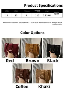Detailed size specifications and five color variants of the fringed crossbody bag