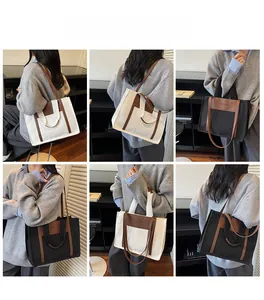 Detailed views of canvas and leather tote bags in black and white styles with wide straps