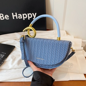 Blue woven texture saddle handbag with gold hardware and top handle for women