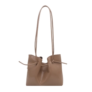 Brown vintage faux leather tote bag with stylish lace-up drawstring and large capacity