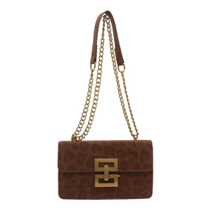 Retro leopard print crossbody bag with gold chain strap and geometric metal buckle lock
