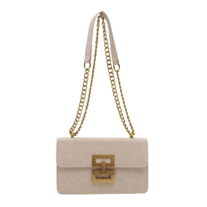 Chic beige crossbody bag with leopard texture, gold chain strap, and geometric lock