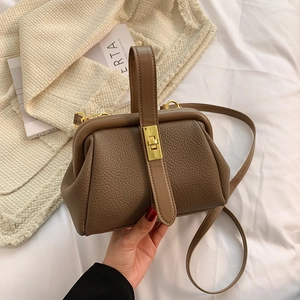 Brown litchi grain tote bag with golden twist lock and shoulder strap on soft fabrics