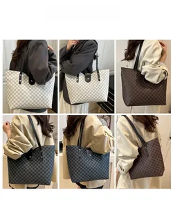 Collage of fashion models showing large monogram tote bags in various color patterns