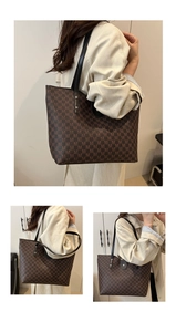 Detailed views of a large brown monogram tote bag with slim black shoulder straps