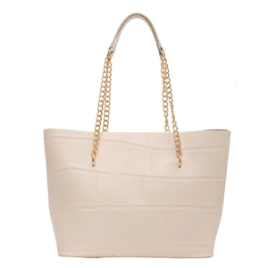 Minimalist beige crocodile pattern tote bag with gold chain strap for women
